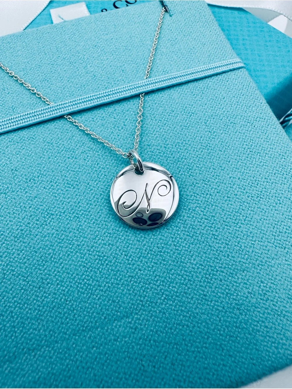 Tiffany & Co. Retired Notes Letter N Disc Charm Necklace 16” in Silver Packaging